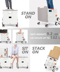 Foldable utility cart with stair climbing wheels and magnetic lid, used for standing, sitting, and stacking, Milky White