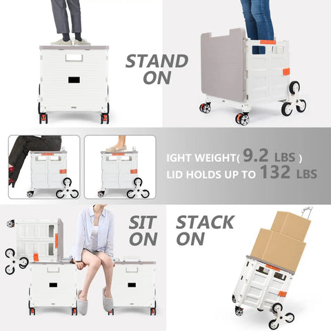 Foldable utility cart with stair climbing wheels and magnetic lid, used for standing, sitting, and stacking, Milky White