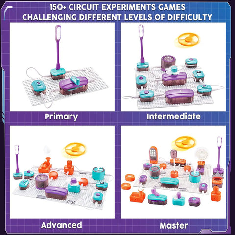 Science Circuit Kit For Kids With 53 Pieces And 150 Plus Projects showing levels: Primary, Intermediate, Advanced, Master