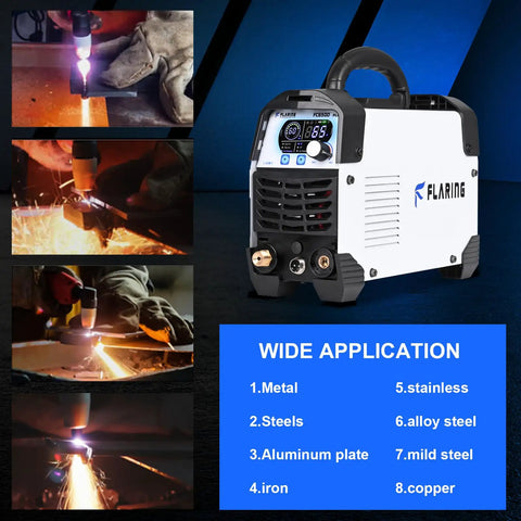 65 Amp Touch Arc Plasma Cutter Pro Grade Beast, dual voltage 120 and 240V, digital display, cutting metal with sparks visible