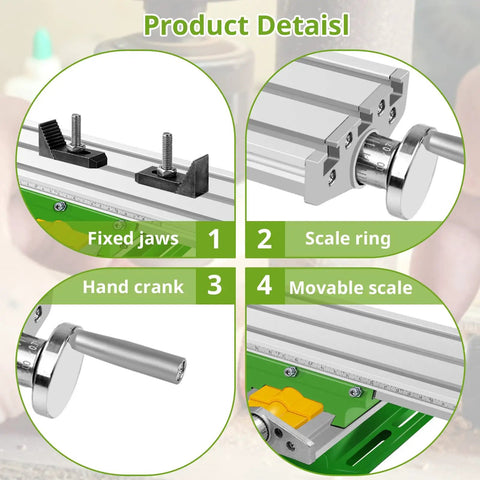 Cross Slide Milling Table With X-Y Axis Precision, dovetail grooves, M10 screw, fixed jaws, scale ring, hand crank, movable scale