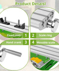 Close-up of 13 Inch Mini Milling Machine Work Table With Compound Slide For Drilling Press And Bench Drill Pro Grade X Y Adjustable Aluminum Alloy Dovetail Table Platform details including fixed jaws, scale ring, hand crank, and movable scale.