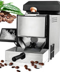 Slick Electric Coffee Roaster With See Through Drum And Dead Easy Temperature Controls And Solid 200 Gram Bean Roasting Maker in silver finish.
