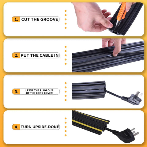 Step-by-step use of 6Ft Floor Cord Protector With 5 Channel Design Soft PVC Cable Cover for home and office floor safety.