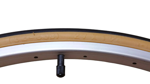 Close-up of 27x1-1/4 Bike Tire Tube And Rim Strip Set For 32-630 ISO 630 showing Schrader valve on metal rim