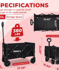 Image showing the dimensions and specifications of the Ultra Lightweight Folding Wagon Cart With Wheels One Hand Lift 11 Lb Portable Utility Wagon For Grocery Garden Camping Outdoor Sports Park Trips Heavy Duty Yet Easy To Fold And Carry, featuring 90L storage space and fully expanded and folded states.