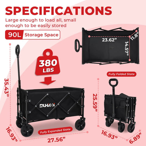 Image showing the dimensions and specifications of the Ultra Lightweight Folding Wagon Cart With Wheels One Hand Lift 11 Lb Portable Utility Wagon For Grocery Garden Camping Outdoor Sports Park Trips Heavy Duty Yet Easy To Fold And Carry, featuring 90L storage space and fully expanded and folded states.