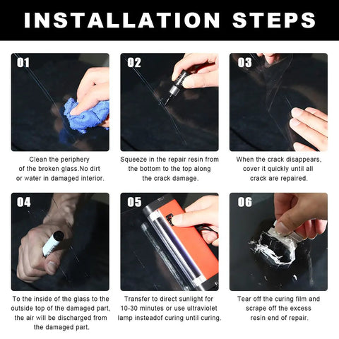 Installation steps for Windshield Repair Kit With Fast Repair Resin Liquid For Chips And Scratches Fix Star Shaped Cracks DIY Auto Glass Fluid Filler For Cars Trucks And SUVs Black.
