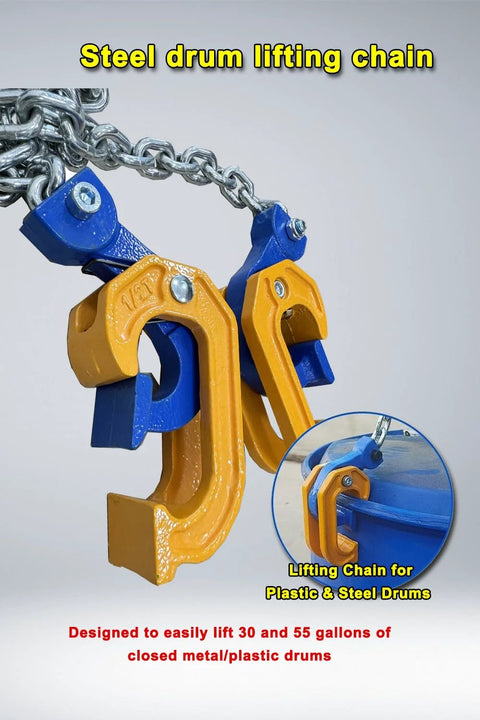 Front view of 1-ton drum lifting chain with blue jaw clamps and yellow hooks for 30–55 gal drums