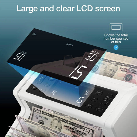 Beast Money Counter Machine With Counterfeit Detection Counts Up To 1000 Bills Per Minute LCD display showing counted bills