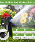 Must Have Pro Grade Hold Up Tool With Bubble Level And Rotor Adjustment Compatible With Rain Bird Sprinkler Head Series 5000 5500 7005 8005 And More 1 Pack Durable High Density Material Built For Precision shown with water spray background and bubble level