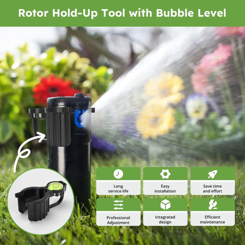 Must Have Pro Grade Hold Up Tool With Bubble Level And Rotor Adjustment Compatible With Rain Bird Sprinkler Head Series 5000 5500 7005 8005 And More 1 Pack Durable High Density Material Built For Precision shown with water spray background and bubble level