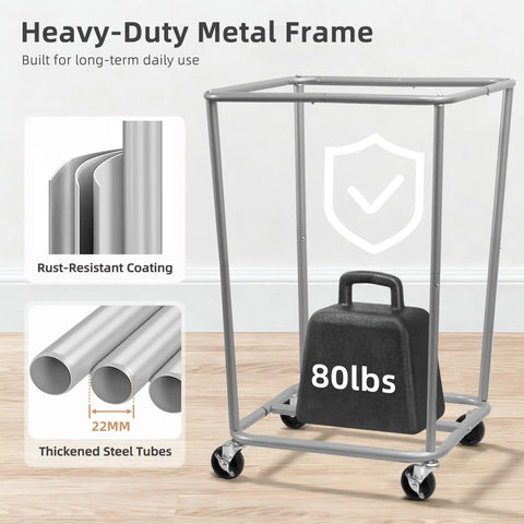 Heavy Duty Steel Frame Laundry Hamper Cart With Smooth Roll Along Wheels And Secure Pop Lid, Dang Sturdy Canvas Clothes Basket With Heaps Of Room For Big Families Or Hotels Solid Beige