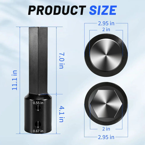 Heavy Duty Auger Adapter Coupler Converts 2 Inch Female Round To Male Hex Shaft Bit Screw dimensions in inches.