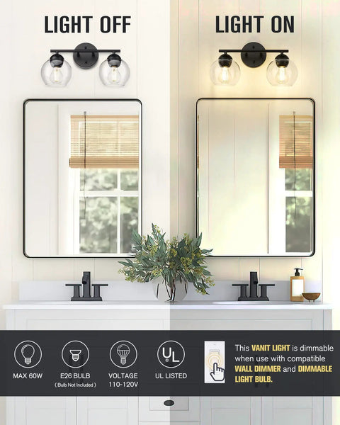 Two Light Black Bathroom Vanity Light Over Mirror With Clear Glass Globe Shades Dope Sleek Modern Bath Fixture showcased
