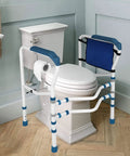 Adjustable Toilet Safety Frame And Rail With Handles And Storage Pocket, Free Standing Steel Toilet Bars, Blue, in bathroom