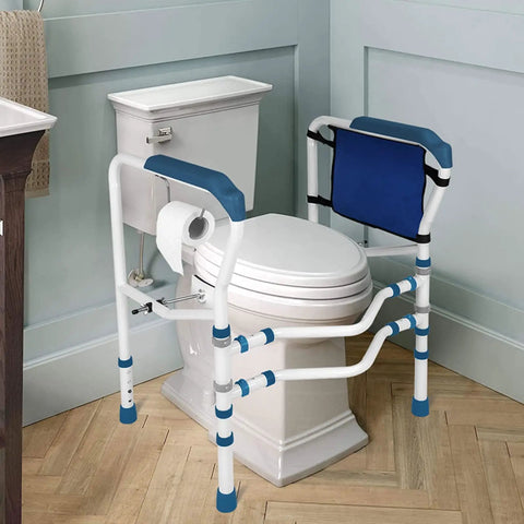 Adjustable Toilet Safety Frame And Rail With Handles And Storage Pocket, Free Standing Steel Toilet Bars, Blue, in bathroom
