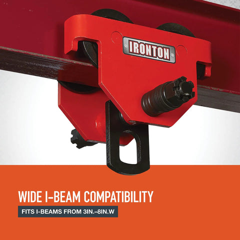 Adjustable Push Trolley For I Beam Tracks Delivers 2200 Lbs Capacity Fits 3 Inch To 8 Inch Wide I Beams On Straight Or Curved Tracks