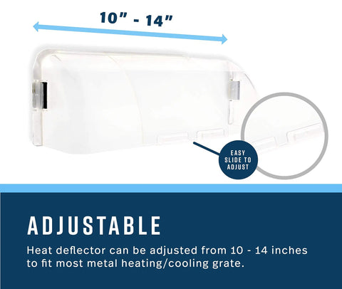 Clear plastic magnetic vent deflector adjustable from 10 to 14 inches, easy slide feature shown for airflow redirection.