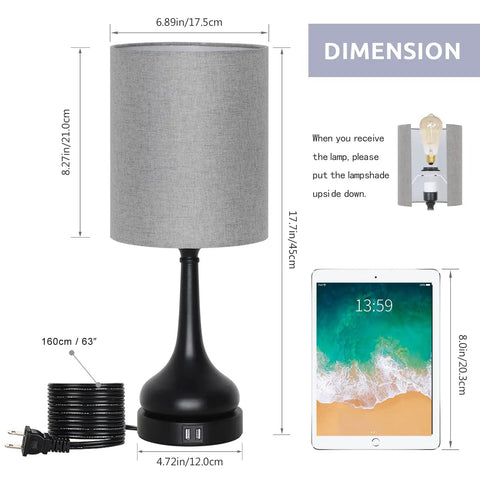 Dimensions of Touch Bedside Lamps Set Of 2 With Dual USB Ports, includes gray fabric shade, black vase base, USB charging, 8.2" tall
