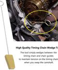 Timing Chain Locking Wedge Tool For Ford 5.4L 4.6L 3V Engines Mustang F-150 Explorer Lincoln Mercury, yellow wedge in use.