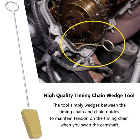 Timing Chain Locking Wedge Tool For Ford 5.4L 4.6L 3V Engines Mustang F-150 Explorer Lincoln Mercury, yellow wedge in use.
