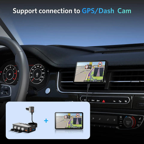 Three Socket Cigarette Lighter Splitter delivering 180W power shown in car dashboard with GPS screen connected.