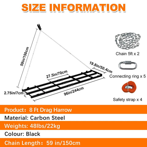 8 Ft Drag Harrow Driveway Grader For Gravel Sand Lawn And Soil Heavy Duty Tow Behind Lawn Rake with dimensions and parts