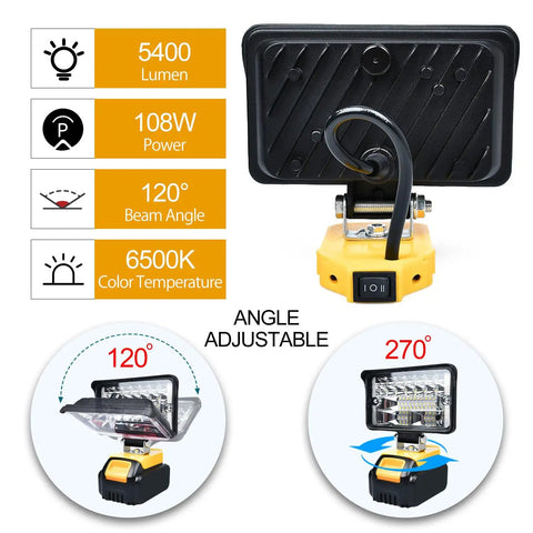 Cordless LED Work Light Compatible With 18V 20V Max Batteries 108W 5400LM Portable Flood Light with adjustable angle