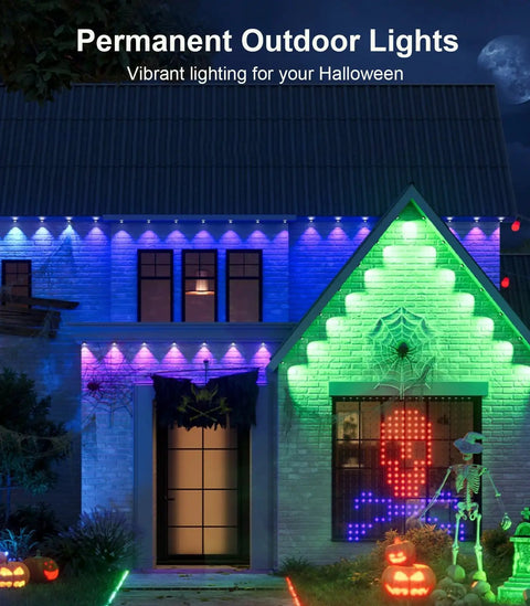 Halloween-themed house with 32.8 Foot RGB LED Strip Lights With Music Sync For Bedroom Living Room And Parties Easy Install Bluetooth App Control And 44 Key IR Remote Color Changing Ambient Lighting That Sets The Mood And Keeps The Vibe Lit, displayed in vibrant colors and shapes.