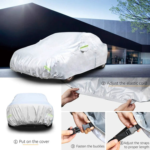 Weatherproof Car Cover for Sedans Up To 200 Inches With Door Zipper, UV And Snow Protection, Dustproof Shield in use outdoors