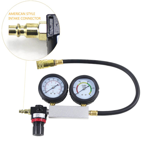 Automotive cylinder leak-down tester kit with dual gauges, brass connectors and black hose.