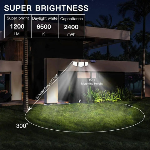 Two Pack Solar Motion Lights Outdoor With Remote Control, security flood lighting illuminating yard with brightness display