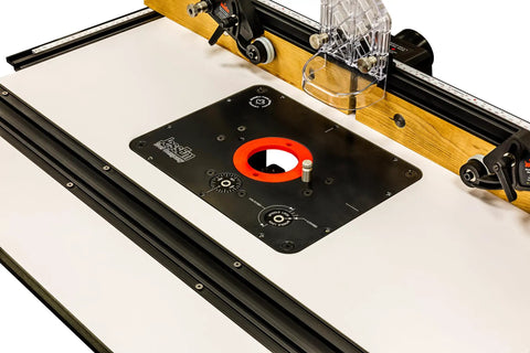 Universal Router Lift Mast-R-Lift II With Built In Locking System for above table bit changes on workbench.