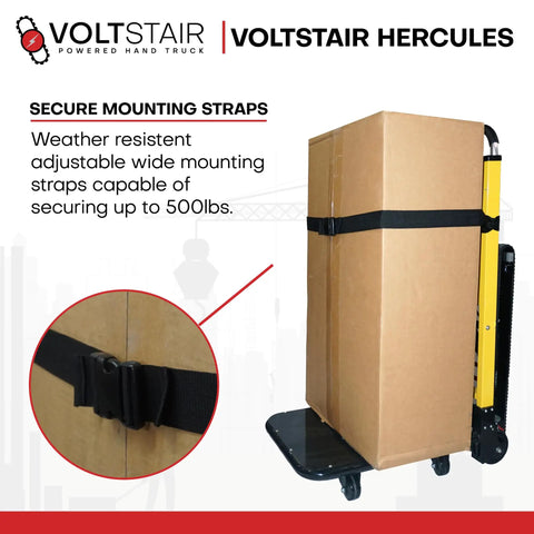 Voltstair Hercules Motorized Battery Stair Climbing Hand Truck with secure mounting straps for heavy moving up to 500 lbs.