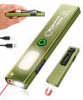 Flat EDC Rechargeable Pocket Light With Clip On Magnetic Base, showing USB-C port, laser, and magnetic clip.