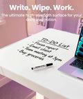 Glass Standing Desk With Drawers, 35 By 20 Inch Electric Adjustable Height, white glass surface with writing and laptop.