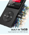 Bluetooth 5.3 MP3 Player With Built In Speaker 1.8 Inch Screen showing 128GB microSD expansion slot