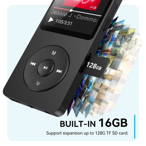 Bluetooth 5.3 MP3 Player With Built In Speaker 1.8 Inch Screen showing 128GB microSD expansion slot