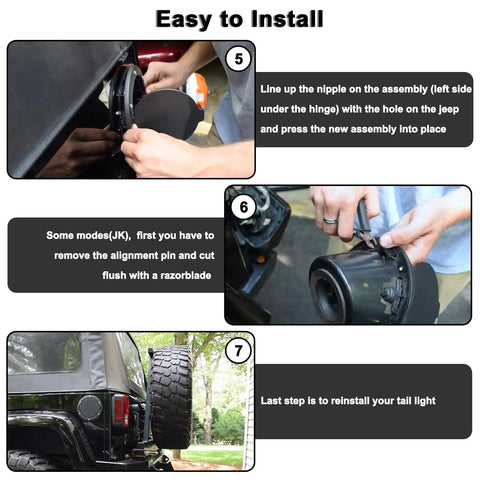 Steps to install Gas Cap Cover For Jeep Wrangler JK 2007 2017 Unlimited Sport Rubicon Sahara with US Flag shown in images.