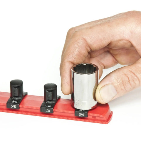 Hand placing socket on Eight Inch Socket Organizer With Nine And A Quarter Inch Twist Lock Clips For Standard And Metric Sockets Red Finish