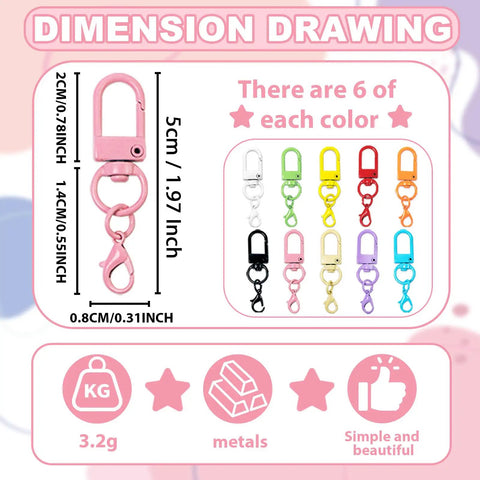 Top Notch Double Head Lobster Claw Clasps Featuring Smooth Swivel Snap Hooks And Sweet Multi Color Collections showing dimensions and colors.