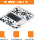 All-In-One Zip Tie Adhesive Mount Kit With 140 Pack Three Quarter Inch Cable Ties, boxed plastic kit with pieces visible