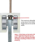 Side view of Eight Wheel Trolley Assembly Rollers for 1-5/8 inch strut channel, showing rubber-sealed bearings.