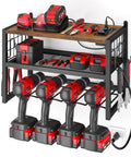 Power Tool Organizer With Built In Power Strip And 3 Outlets For Garage And Workshop, wall mount with tools and chargers