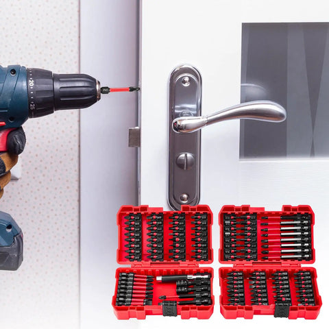 Dang Tough 101 Piece Screwdriver Bit Set Heavy Duty S2 Steel with magnetic bit in use installing door handle.