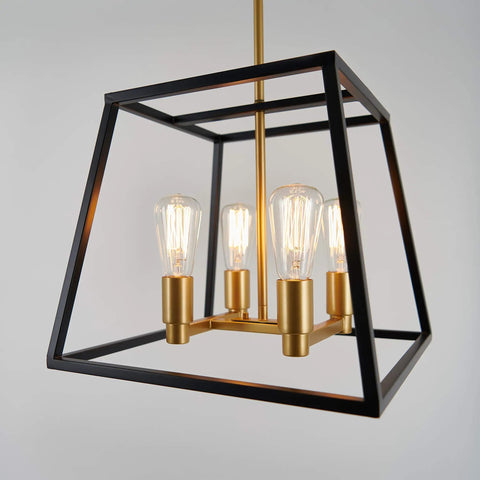 Carter Square 4 Light Pendant Light Fixture in steel with black and gold finish, fully dimmable, close-up view with bulbs.
