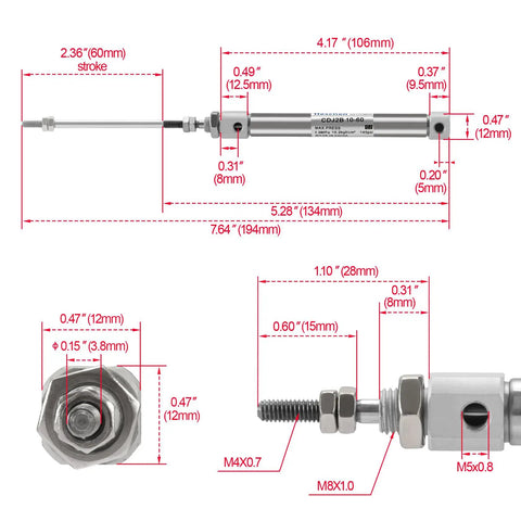 Technical diagram of Slim Stainless Steel Air Pneumatic Cylinder With 10mm Bore 60mm Stroke M5 Port Double Acting Single Rod CDJ2B Series