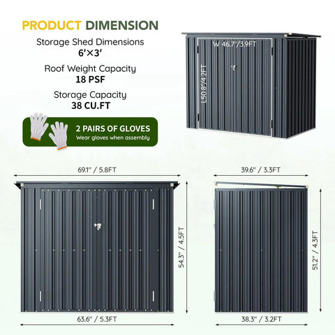 Dimensions of Outdoor Trash Can Storage Shed 6x3 Ft Metal Garbage Bin Enclosure with Lift Up Lid, Sloped Roof, and Lockable Doors