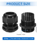 5 Pack PG29 Cable Glands Adjustable 18 To 25mm PA6 Nylon IP68 Waterproof Connectors With Seals shown in black with dimensions